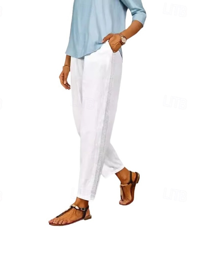  Per donna Pantaloni in cotone e lino Pantaloni Eleganti Casual Lunghezza intera Naturale Semplice Tasca Elastico in vita Comodo All'aperto Confortevole Ferie Uscire Cammello Nero Bianco Blu Estate