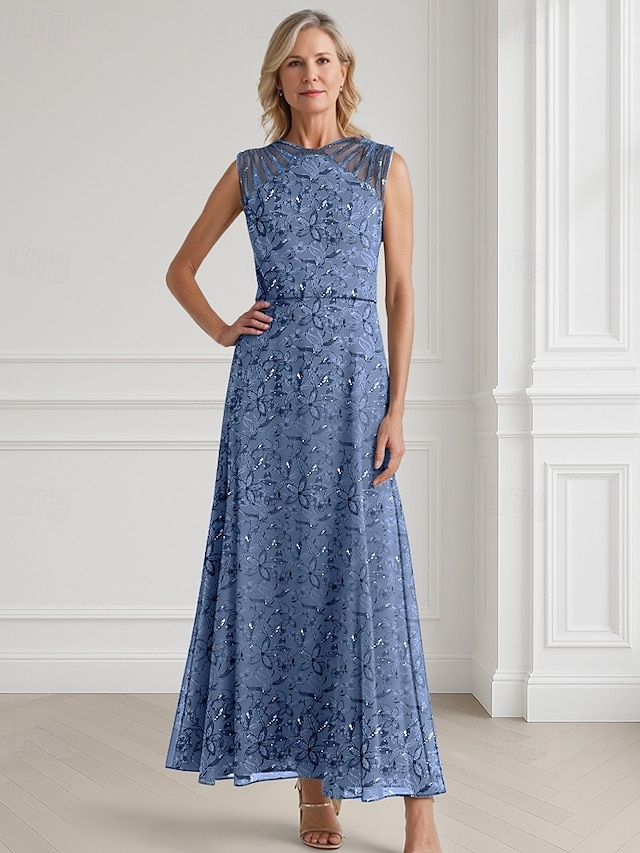  A-Linie Perlen Blau Mutter der Braut Kleid Elegant Luxuriös Illusions-Ausschnitt Bodenlänge Chiffon Ärmellos mit Spitzenperlen Pailletten