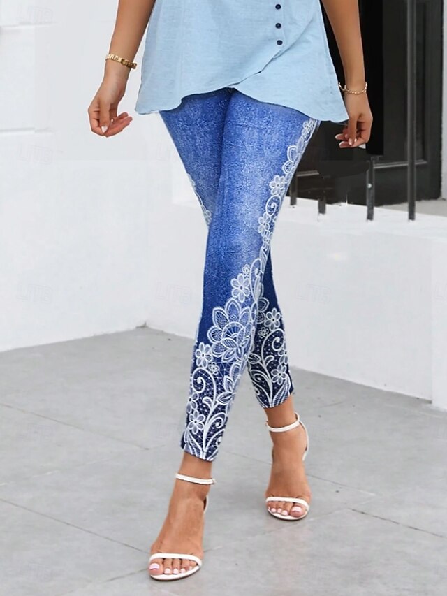 Women's Leggings Vacation Vintage Fashion Ankle-Length High Waist Floral Graphic Printing Soft Breathable Stretchy Vacation Casual Daily Blue Spring Slim Fit4