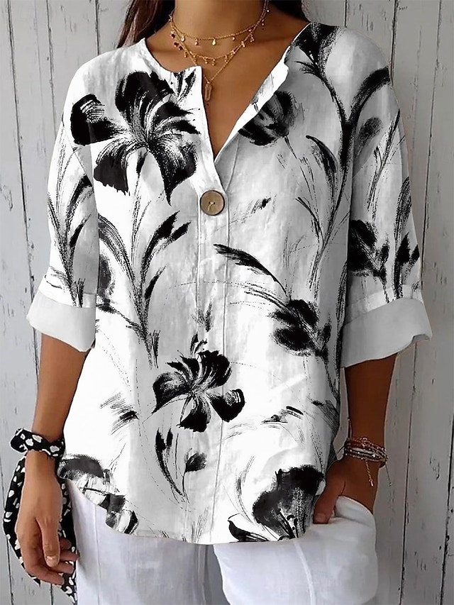  Dame Skjorte Blomster Grafikk Elegant Vintage Tropisk Lang Erme V Hals Regulære Topper Daglig Ferie Lin Lignende Strand Klær Trykk Svart Himmel Blå Beige Sommer Vår