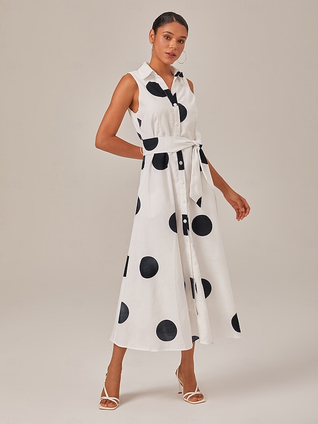 Femmes Robe Chemise Ourlet Maxi Robe maxi Blanche Sans manches À pois Avec Poches Ceinture à nouer Été Revers Décontracté Quotidien S M L