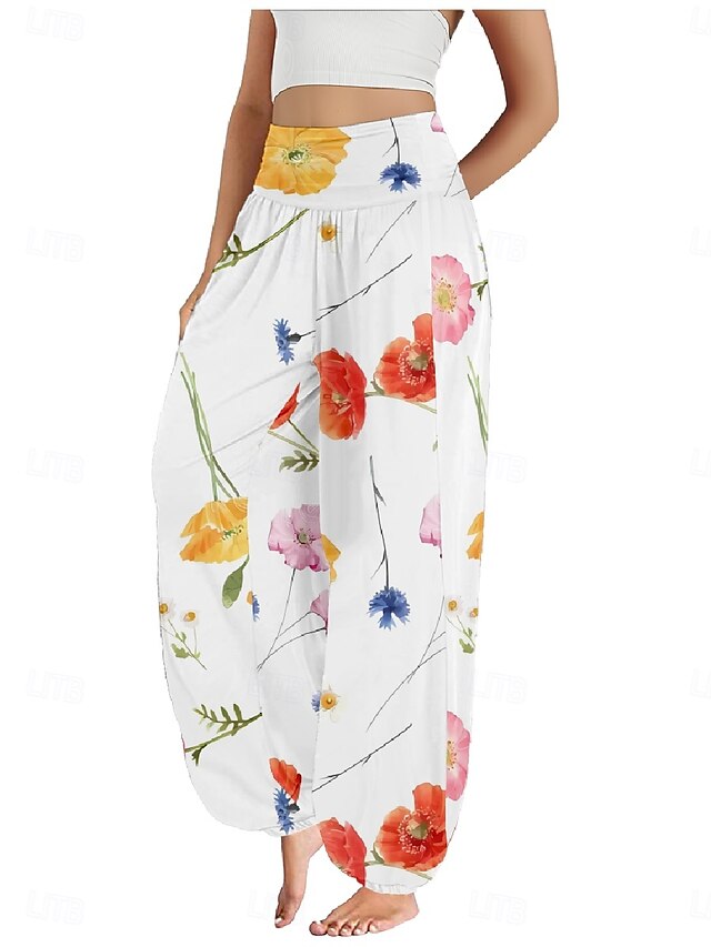  Per donna Pantaloni ispirati al lino Gamba larga Pantaloni Stile Etnico Casual Boho Lunghezza intera Vita Alta Floreale Foglia Tropicale Tasca Elastico in vita Stampa Traspirabilità Morbido