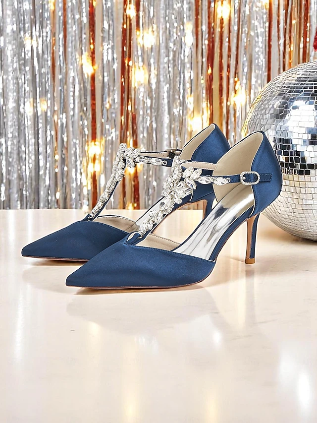 Women's Navy Blue Satin T-Strap Heels – Pointed Toe Cocktail Shoes with Crystal Embellishments for Wedding and Evening Parties 20