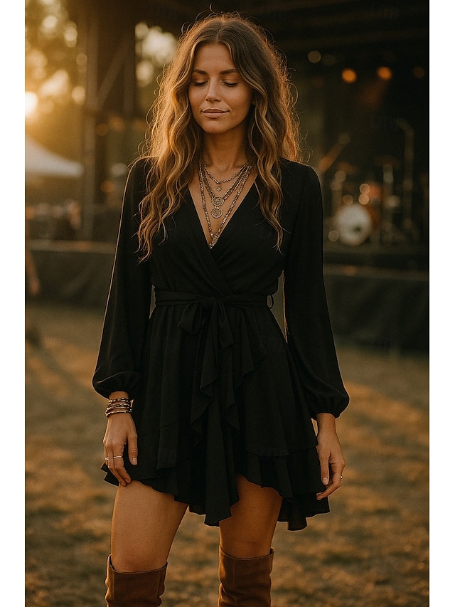  Damen Boho Kleid Western Kleid Mini Kleid Wickelkleid A-Linien Kleid Lässig Outdoor Ausgehen Strand Standard Passform Einfarbig Langarm V-Ausschnitt Schwarz Sommer