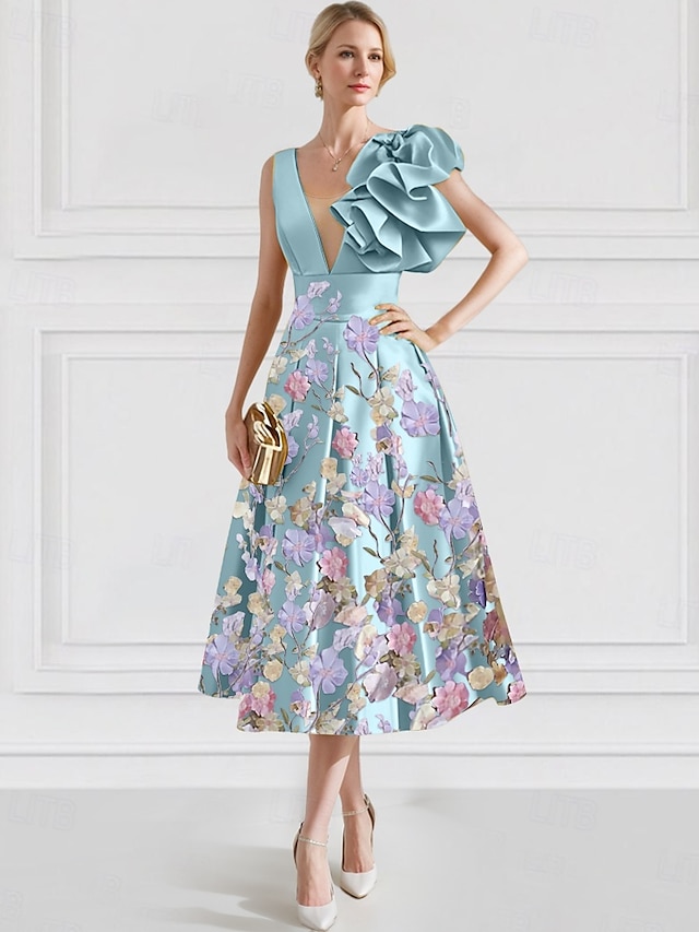  Vestidos de cóctel en línea floral vestido elegante boda formal largo hasta el tobillo sin mangas cuello en V satén con bordado bolsillo