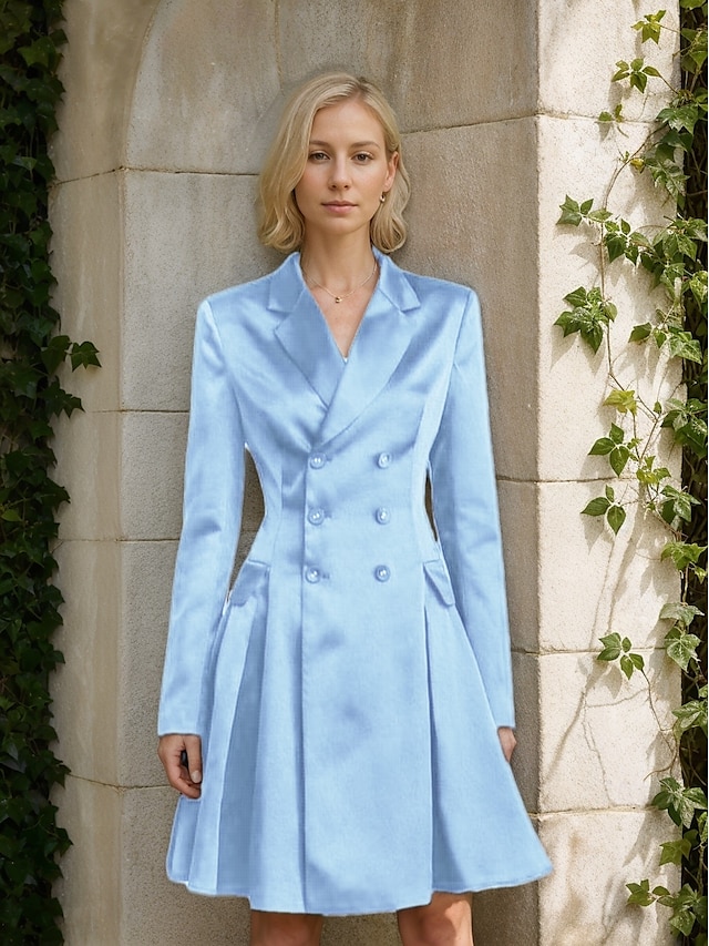  Vestido de la Madre de la Novia A-Line Vestido Tuxedo Vestido de Invitada de Boda Elegante Simple Lujoso Blazer Cuello con Solapas Largo hasta la Rodilla Satén Manga Larga con Pliegues y Bolsillos