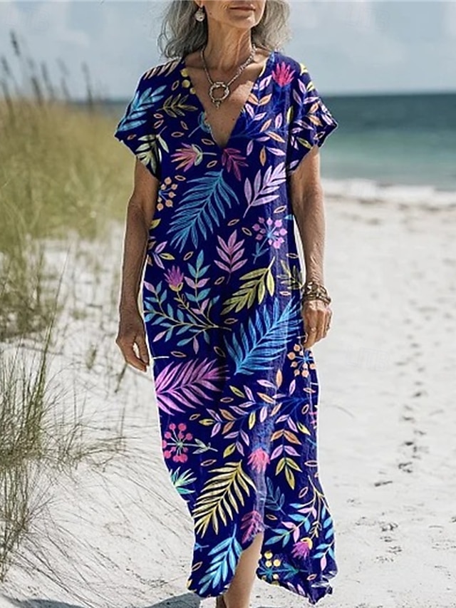  Femmes Robe Longue Maxi Robe Robes en coton et lin Robe Décontractée Robe bohème Robe occidentale Mode Extérieur Soirée Fête Coupe régulière Fleur Manche Courte Col en V Noir Bleu Violet Marron Été