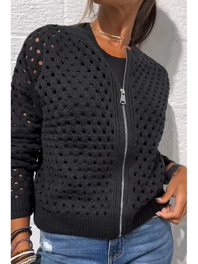  Damen Bluse Einfach Basic Modern Langarm Rundhalsausschnitt Normale Oberteile Täglich Ferien Ausgehen Reißverschluss Schwarz Weiß Rosa Wein Armeegrün Sommer