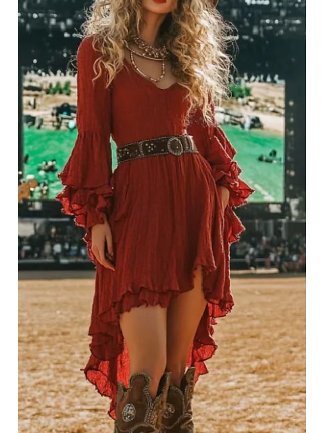  Pentru femei Rochie Mini Rochie Boho Rochie occidentală Modă Clasic Modern În aer liber Concediu Ieșire Fit regulat Simplu Manșon Lung În V Roșu-aprins Vară