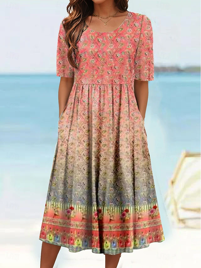 Women's Midi Dress Summer Dress Pleated Dress Vacation Casual Beach Daily Holiday Regular Fit Floral Graphic Paisley Short Sleeve Crew Neck Blue Orange Green Summer4