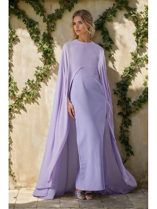  Cape Kleid Sheath  Column Abendkleid Elegantes Kleid Formale Hochzeit Bodenlang Ärmellos Rundhalsausschnitt Chiffon