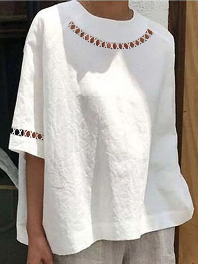 Women's Cotton Linen Blouse Solid Color Basic Casual 3/4 Length Sleeve High Neck Regular Tops Daily Patchwork Hollow Out Blue Summer4