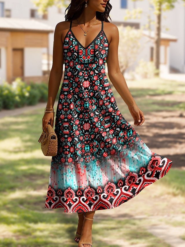  Damen Maxikleid A Linie Kleid Unterkleid Urlaub Lässig Outdoor Normale Passform Blumen Grafik Ärmellos V Ausschnitt Spaghettiträger Gelb Rote Blau Purpur Sommer Frühling