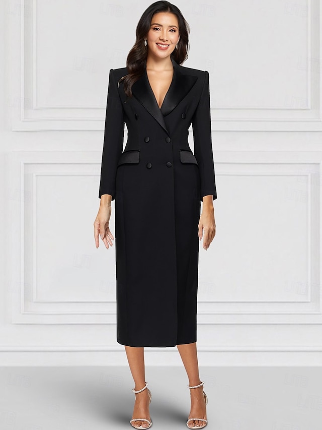  Schwarz Blau Formelle Blazer Smoking Column Brautmutter Kleid Gown Elegant Einfach Hoher Schlitz Hemdkragen Knöchellang Stretchstoff 3/4 Ärmel