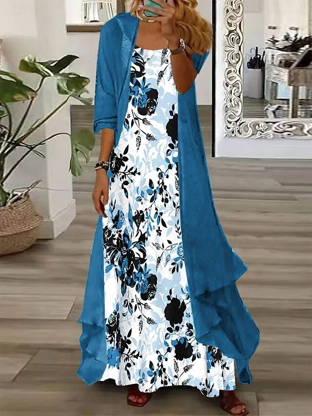 Women's Dress Set Maxi Dress A Line Dress Summer Dress Vacation Boho Floral Graphic Layered Print Maxi Dress 3/4 Length Sleeve Crew Neck Outdoor Daily Blue Summer Spring Loose Fit4