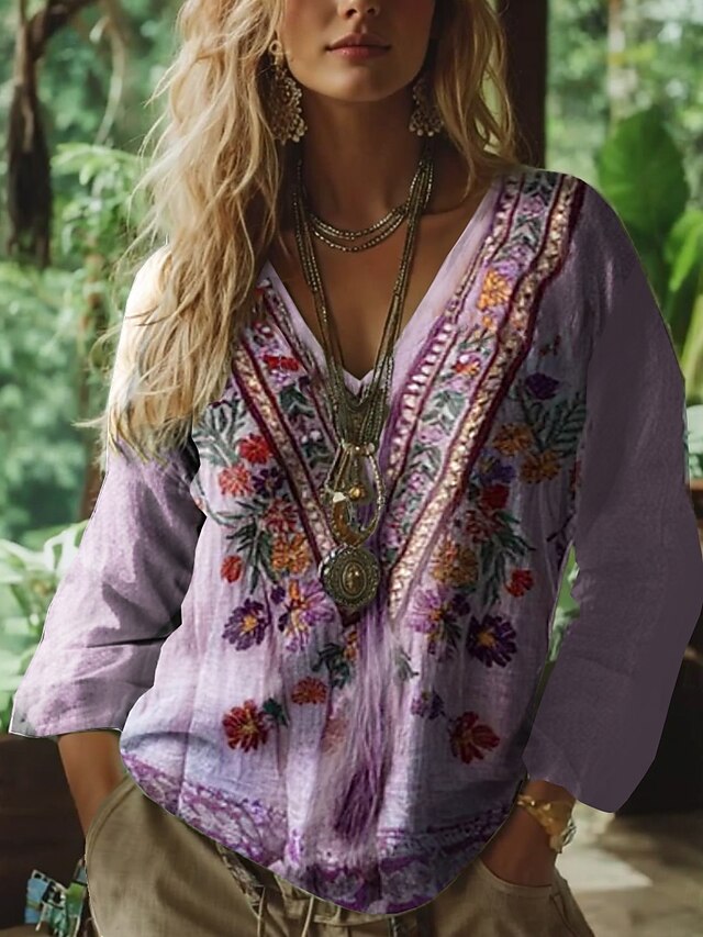 Women's Blouse Floral Graphic Paisley Bohemia Vintage Tropical 3/4 Length Sleeve V Neck Regular Tops Ruched Print Purple Green Summer Spring3