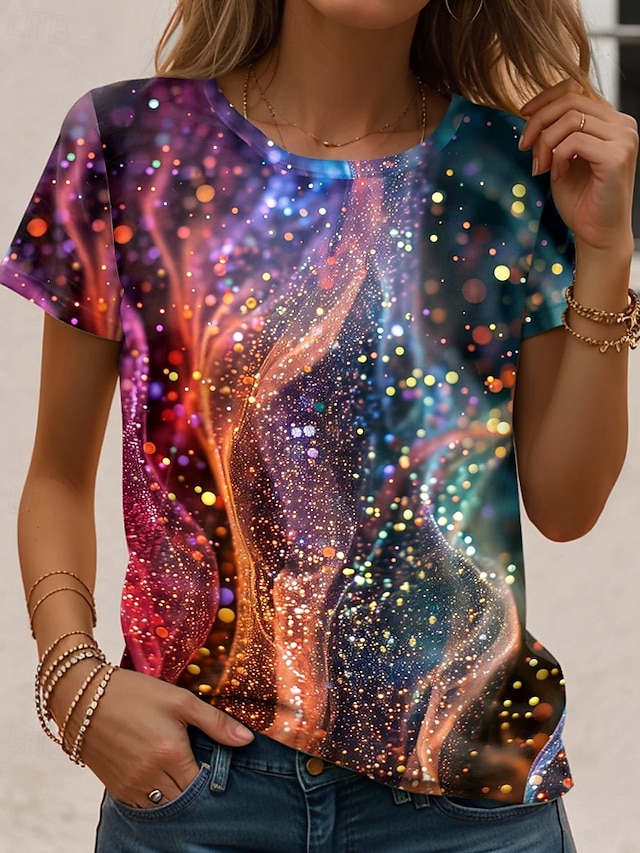  Femmes T-shirt A Ombre Graphique Abstrait ancien Élégant Occasionnel Manche Courte Col rond Hauts Réguliers Quotidien Imprimé Arc-en-ciel Été