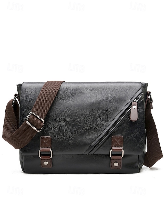  Men's Faux Leather Messenger Bag – Vintage Business Shoulder Bag with Adjustable Strap and Buckle Detail, Professional Briefcase for Office, Work and Travel