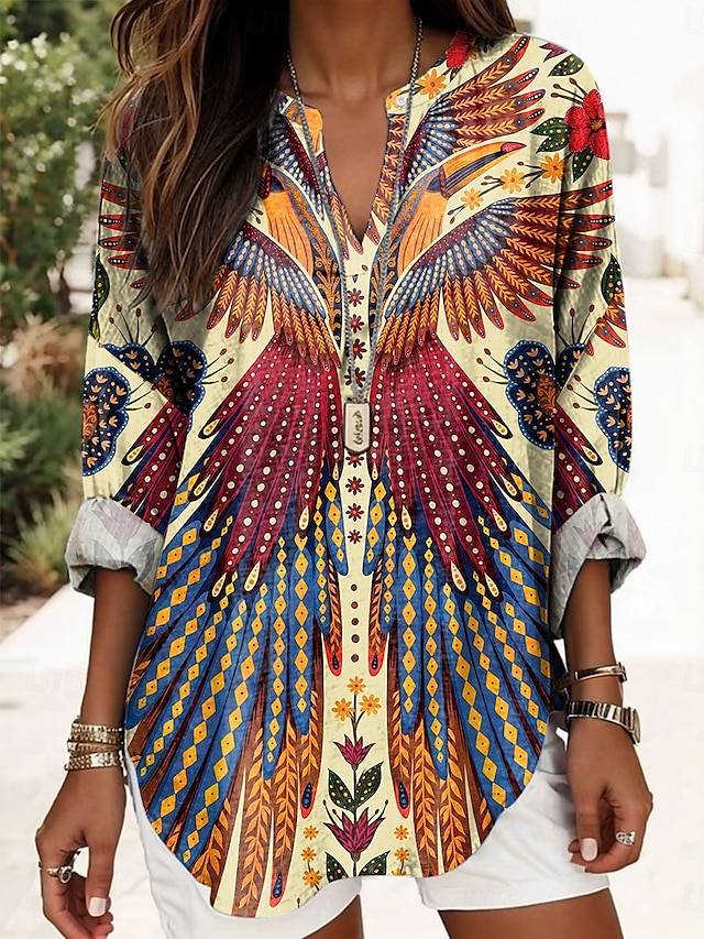  Femmes Chemisier Fleuri Graphique Oiseau ancien Tropical Hawaïen manche longue Col en V Hauts Réguliers Quotidien Fête Vêtements de vacances Imprimé Jaune Été Printemps