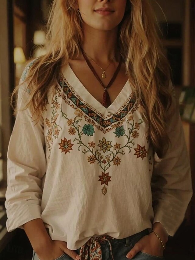 Women's Boho Blouse Floral Graphic Bohemia Vintage Tropical 3/4 Length Sleeve V Neck Regular Tops Beige Summer Spring4