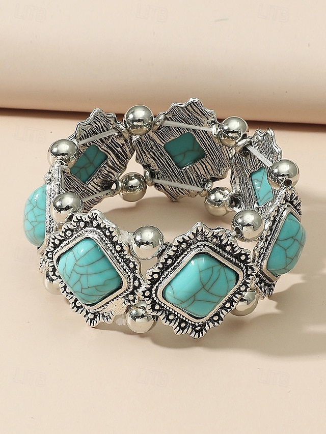 Women's Vintage Boho Turquoise Stone Bracelet – Retro Style Elastic Beaded Cuff Jewelry for Casual Wear, Festivals and Gifts