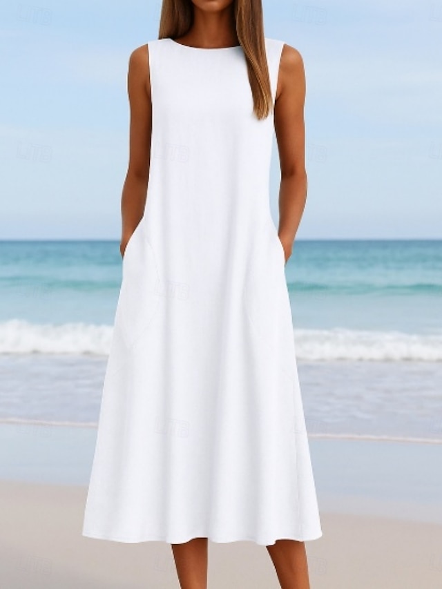  Damen Midikleid Weißes Kleid Freizeitkleid Trägerkleid Sommerkleid Mode Basic Modern Täglich Strand Wochenende Normale Passform Einfach Ärmellos Rundhalsausschnitt Weiß Sommer