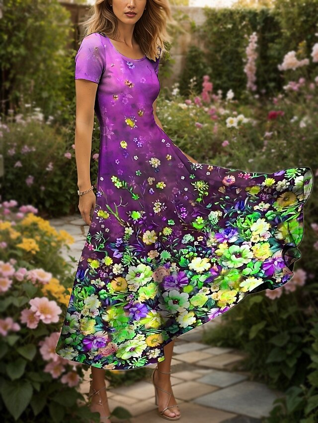  Femmes Robe maxi Robe Décontractée Robe trapèze Robe d'été Élégant Vacances Occasionnel Coupe régulière A Ombre Fleuri Graphique Manche Courte Col carré Bleu Violet Vert Été