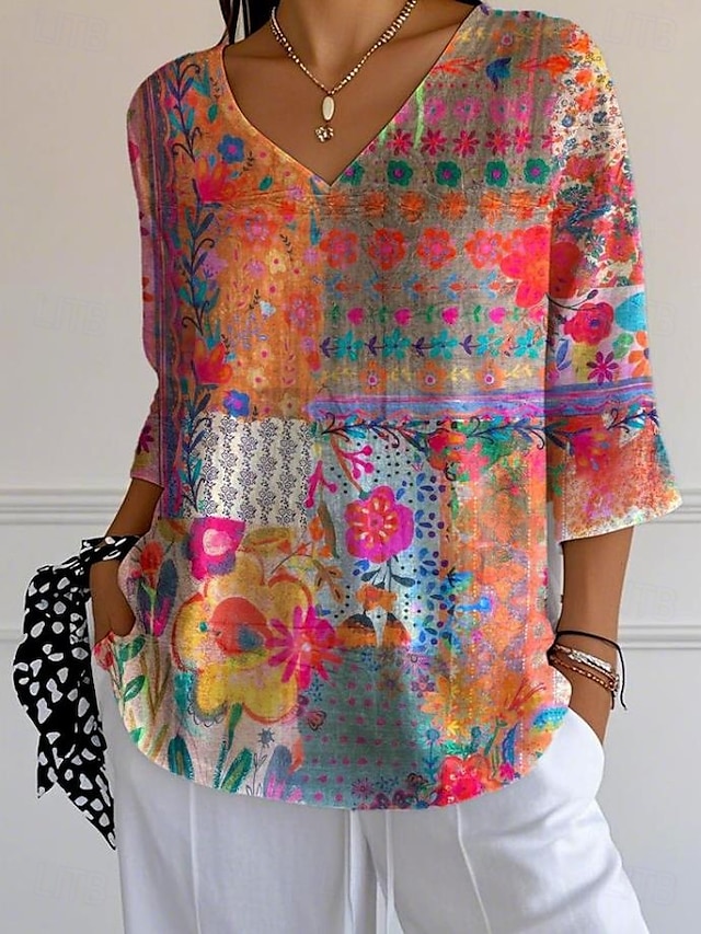  Damen Bluse Blumen Grafik Bohemien Tropisch Stilvoll Dreiviertelarm V Ausschnitt Normale Oberteile Täglich Blau Fuchsie Orange Sommer Frühling