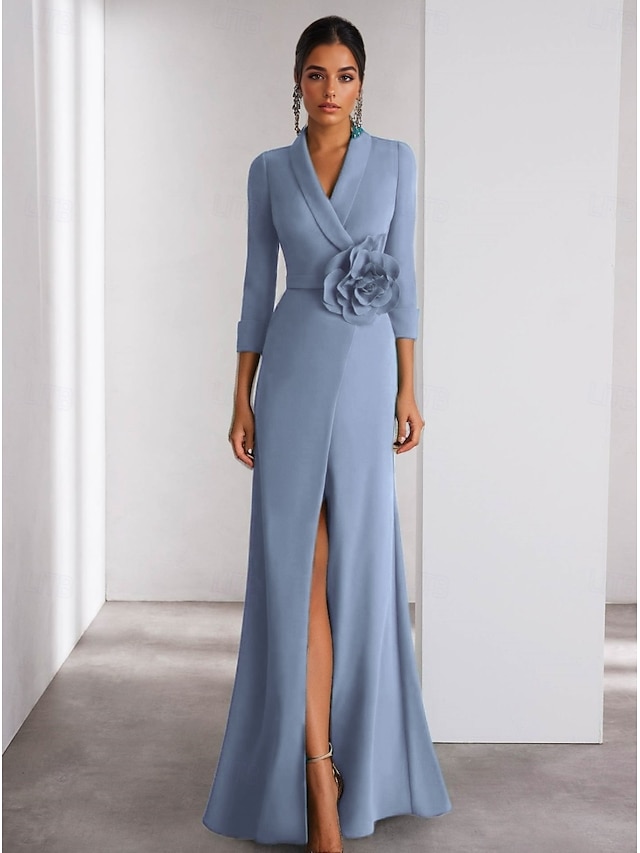  Blue A-Line Evening Gown Elegant Dress Formal Wedding Floor Length Long Sleeve Shirt Collar Stretch Crepe with Slit Shouder Flower 2025