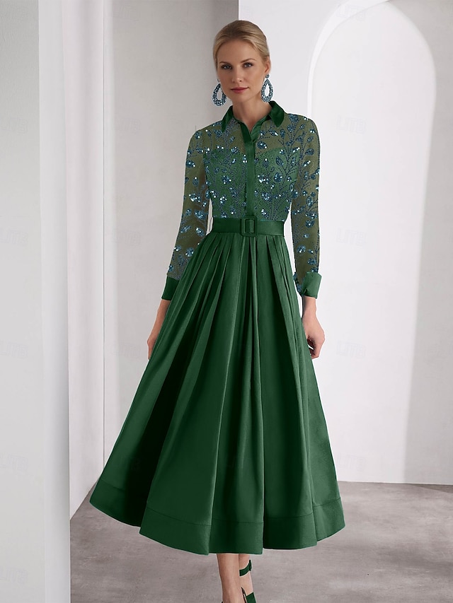  A-linja Nilkkapituinen Paitamekko Juhlamekko Coctail-asu Pitkähihainen Paitapuserokaula-aukko poolokaulus Tyylikäs Kimaltava Korkea jaettu Muodollinen Häävieras Satiini Morsiammen äidin asu kanssa