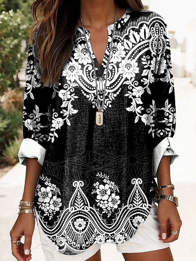  Kvinnors Boho Blus Grafik Geometrisk Elegant Daglig Lång Ärmar V-Hals Regular Toppar Dagligt Tryck Svart Gul Röd Blå Guld Sommar Vår