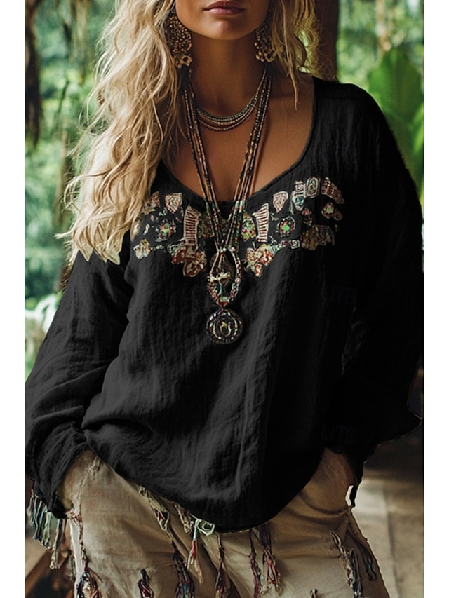 Femmes Chemisier occidental Chemise Bohème Chemisier Fleur Moderne Occasionnel Boho manche longue Col en V Hauts Réguliers Fête Sortir Imprimé Noir Vin Bleu Abricot Été