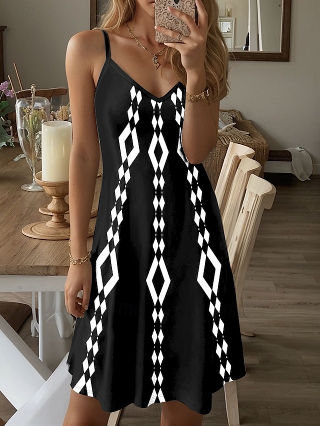 Damen Minikleid Sommerkleid A Linie Kleid Unterkleid Schulterfreies Kleid Urlaub Lässig Boho Ausgehen Strand Standard Passform Grafik Geometrisch Ärmellos V Ausschnitt Schwarz Sommer