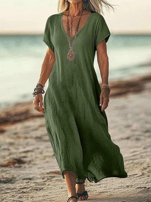  Women's Midi Dress Sundress Summer Dress Casual Daily Holiday Beach Regular Fit Linen Like Plain Short Sleeve V Neck White Pink Blue Green Summer