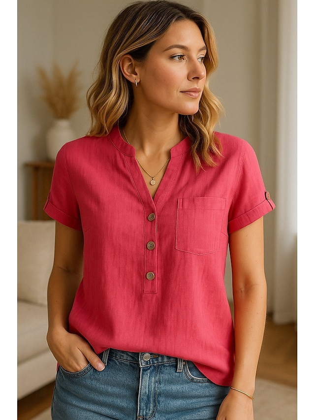  Dames Knoop omhoog Katoenen linnen overhemd Effen Stijlvol Modern Korte mouw V-hals Normale tops Dagelijks Feestdagen Knop Rood blauw Zomer