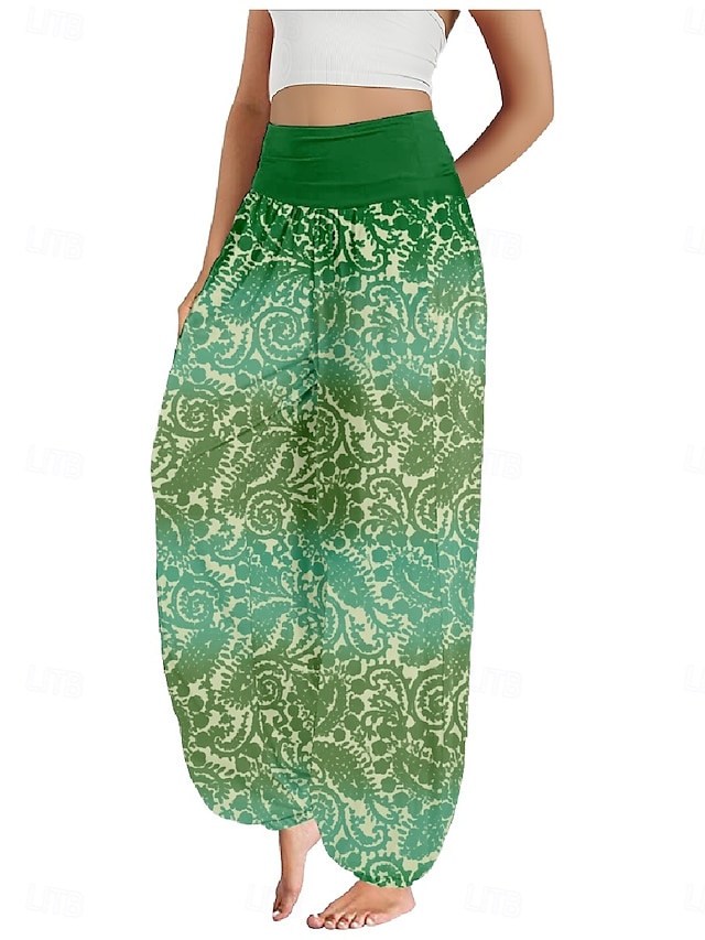  Femmes Pantalon inspiré du lin Jambe large Pantalons Style Ethnique Occasionnel Boho Longueur complète Taille haute Fleuri Paisley Avec Poches Taille Élastique Impression Respirabilité Doux