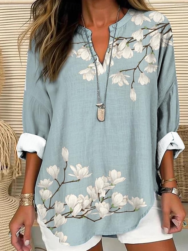  Túnica de Mujer Blusa V Cuello Manga Larga Boho Casual Tops de Algodón Lino Floral Básico Tops Regulares Impresión Diaria Botones Rosa Rojo Azul Marino Azul Púrpura
