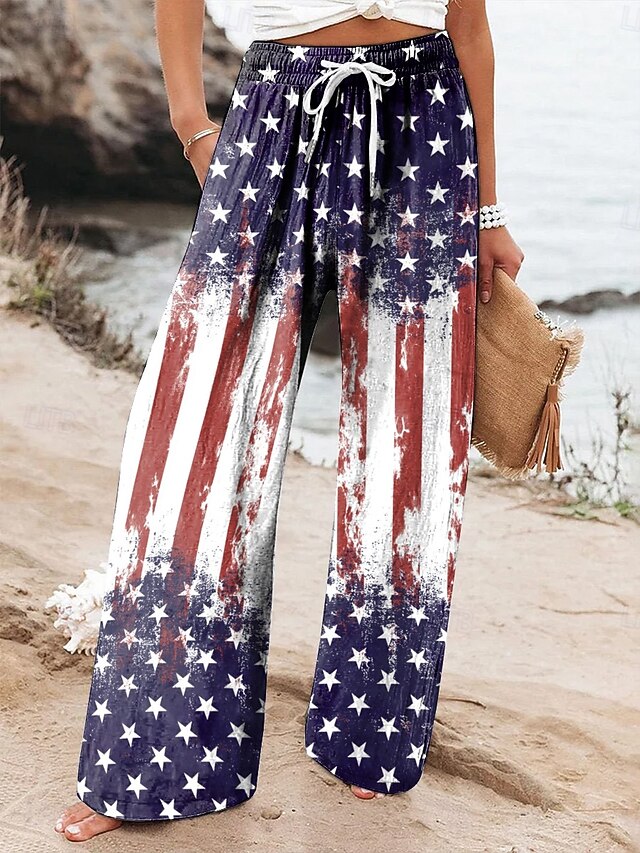 Women's Wide Leg Chinos Baggy Pants Vacation Vintage Fashion Full Length High WaistPantsAmerican Independence Day Graphic Flag American Flag Printing Micro-elastic Formal Vacation Street Red / Blue4