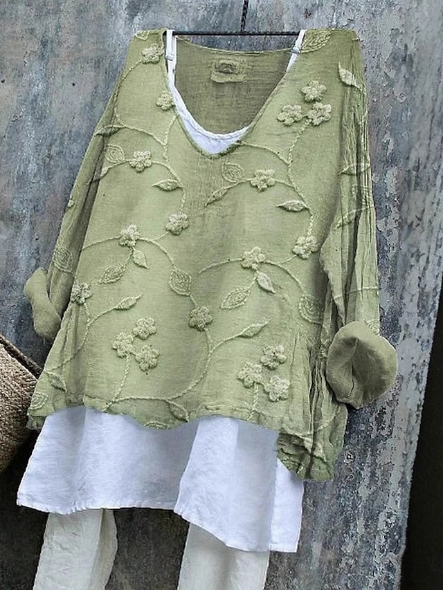  Women's T Shirt Floral Fashion Modern Casual Long Sleeve Crew Neck Regular Tops Daily Weekend Green Summer