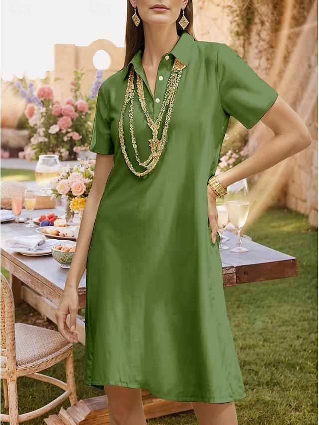  Robe Midi Femme Robe A Ligne Couleur Unie Vacances Décontracté Quotidien Rendez-vous Coupe Régulière Simple Couleur Unie Manches Courtes Col Chemise Blanc Jaune Vin Marine Été