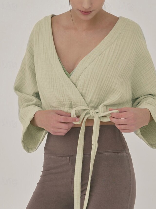  Dame Linskjorte Bluse عادي Fritid Langermet V-hals Crop Tops Daglig Ut på byen knyte foran Hvit Gul Brun Sommer