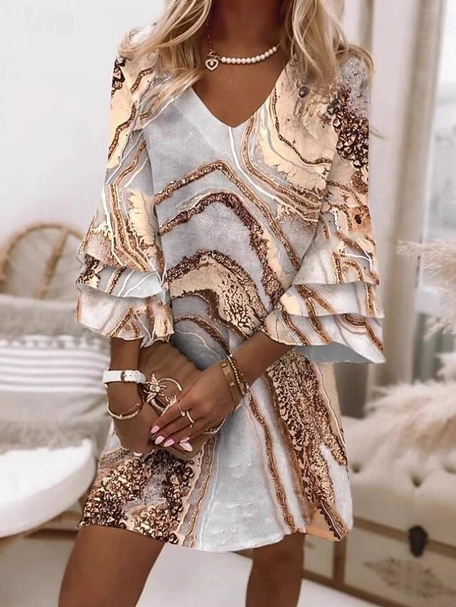 Women's Mini Dress Sundress A Line Dress Summer Dress Vacation Casual Daily Holiday Tea Party Regular Fit Ombre Floral Graphic 3/4 Length Sleeve V Neck Light Brown Summer Spring4