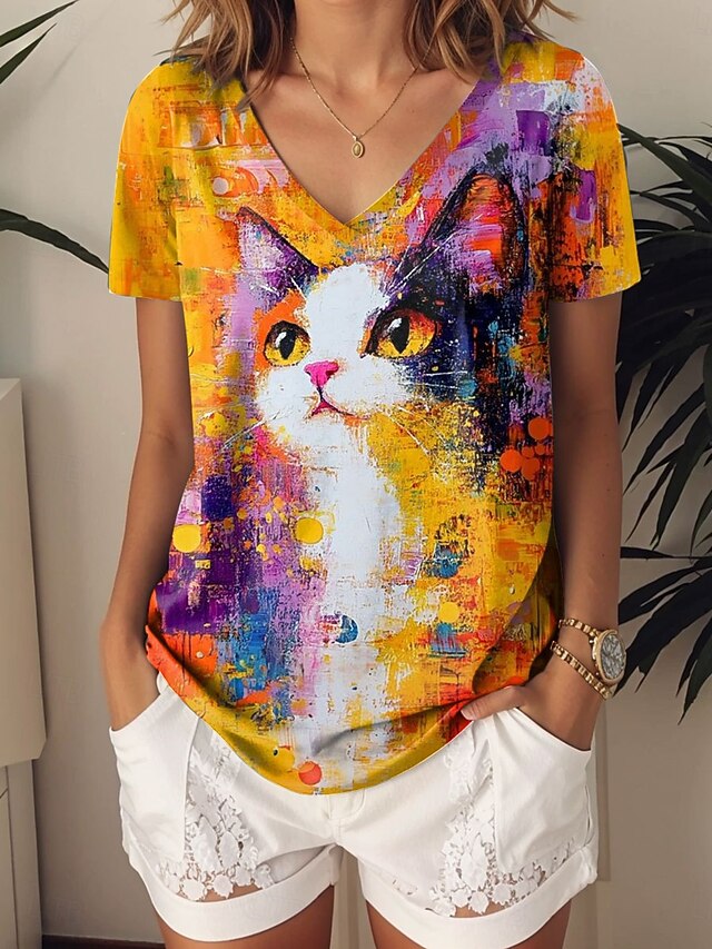 Women's T Shirt Graphic Animal Cat Vintage Stylish Modern Short Sleeve V Neck Regular Tops Daily Print Yellow Summer3