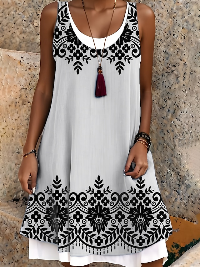  Mujer Vestido Midi Vestido de Tanque Moda Clásico Exterior Diario Fin de semana Ajuste regular Graphic Letra Sin Mangas Cuello Barco En blanco y negro Verano Primavera Otoño