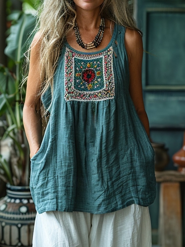  Pentru femei Bluză occidentală Cămașă Boho Bluză Floare De Bază Casual Fără manșon Stil Nautic Topuri obișnuite Zilnic Concediu Imprimeu Albastru piscină Vară