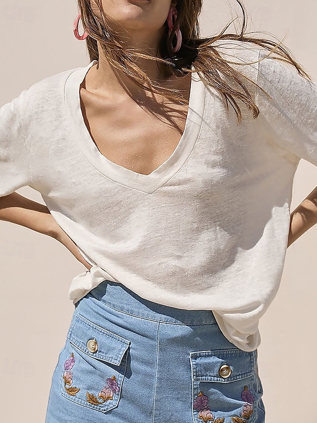  Women's Linen Shirt Blouse Plain Casual Short Sleeve V Neck Regular Tops Holiday Going out White Brown Summer
