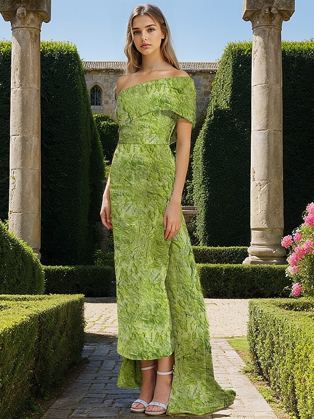  Clover Jacquard Cocktail Dresses Elegant Dress Formal Wedding Guest Tea Length Midi Length Sleeveless Off Shoulder Ruched Detail with Bow(s) Wedding Guest Dress