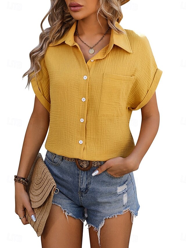  Camicia da donna a bottone giù blusa a tinta unita elegante casual da spiaggia con maniche corte colletto top regolari quotidiani bottoni tasca nera bianca gialla blu estate primavera