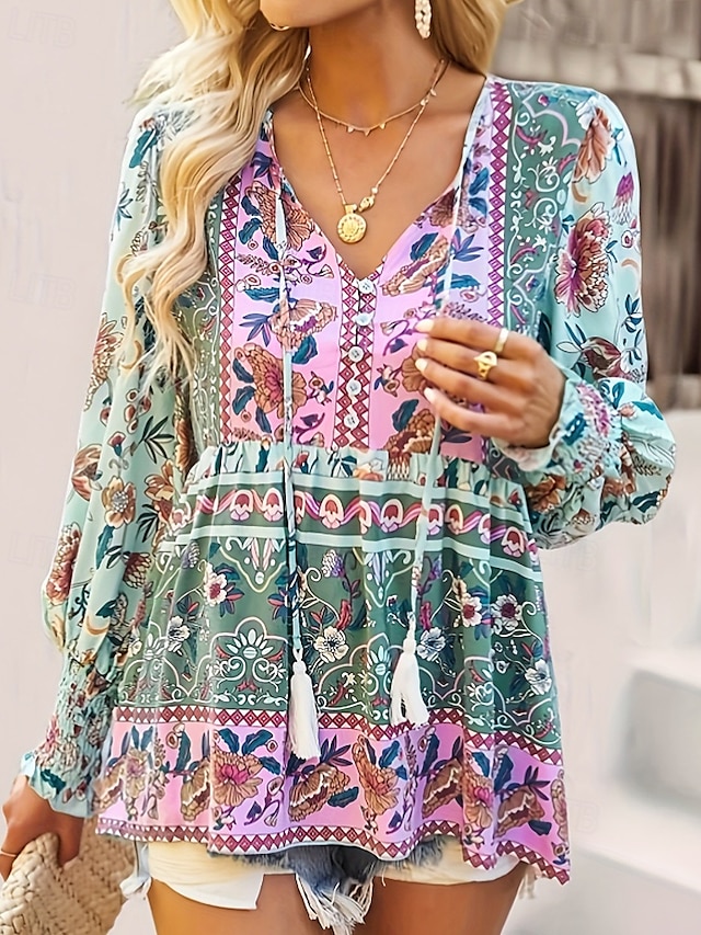  Dame Boho skjorte Bluse Blomsternål i krystall Fritid Bohem Langermet V-hals Vanlige topper Ferie Ut på byen Trykt mønster Grønn Sommer