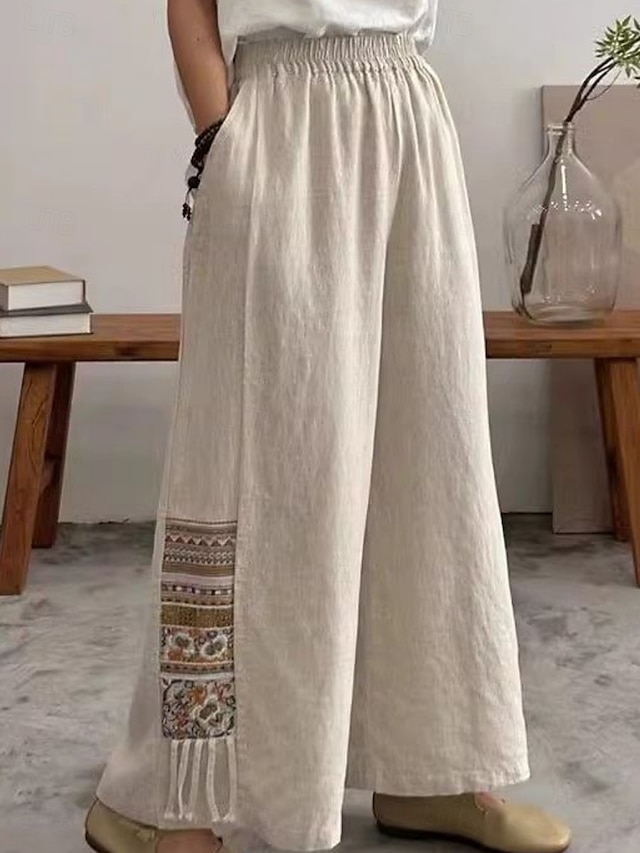  Pantaloni boho da donna a gamba larga in tinta unita chinos vacanza stile vintage etnico lunghezza intera vita alta tinta unita tasca vita elastica comfort outdoor micro-elastici vacanza street